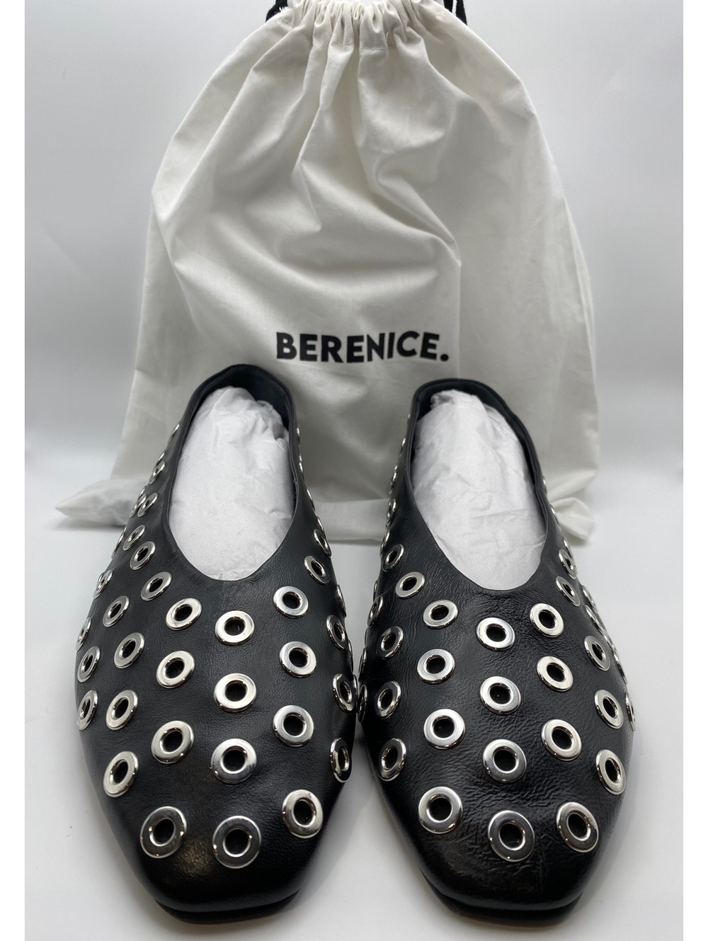 Berenice Black Leather Ballerina Flats with Silver Eyelet Studs Size 40